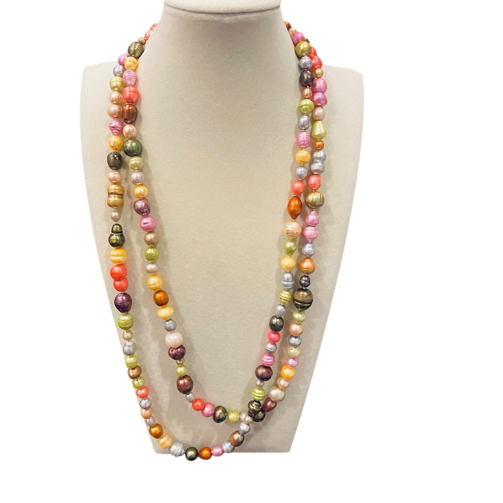 Multicolor Baroque Style Pearl Necklace Hand Knotted 50” length